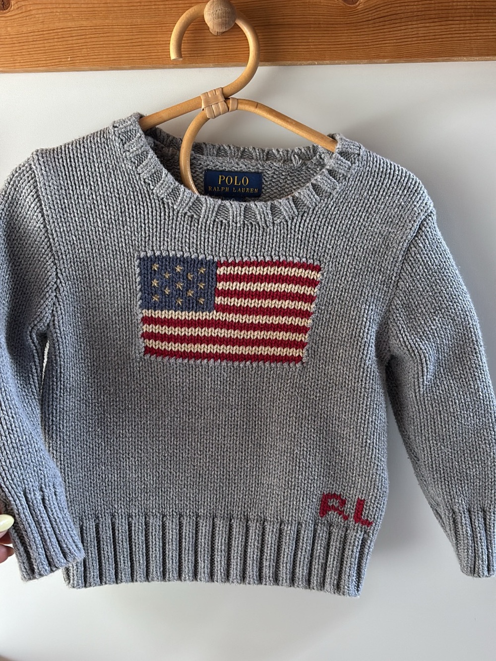 Polo by Ralph Lauren Gray Crewneck Sweater with American Flag Intarsia